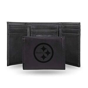 NFL Pittsburgh Steelers Mens Black Trifold Wallet Debossed Logo Faux Leather